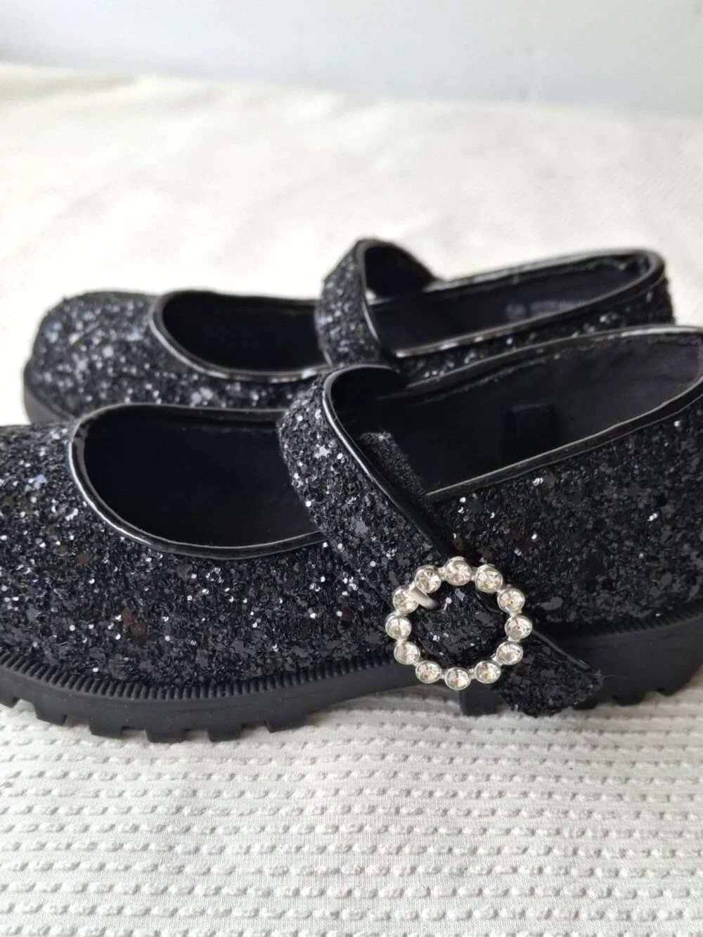 A Lil Dream Girls Black Glitter Mary Jane Flats Size 9 Hook & Loop Shoes